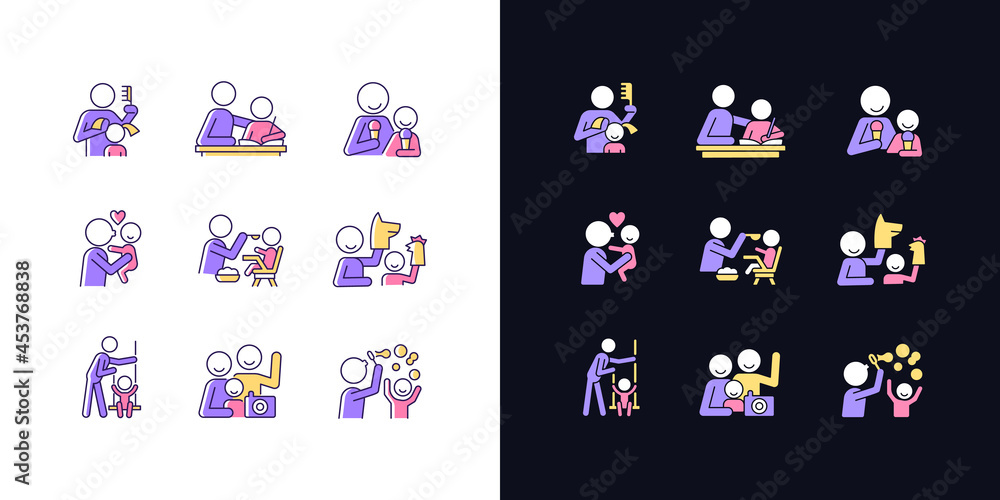 Poster bonding activity light and dark theme rgb color icons set. braiding pigtails. help with homework. is