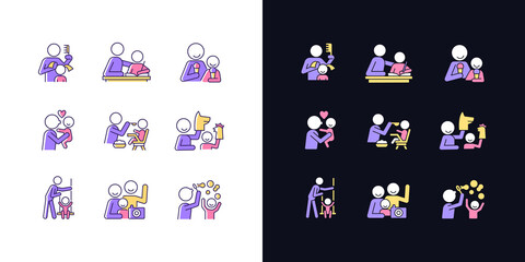 Bonding activity light and dark theme RGB color icons set. Braiding pigtails. Help with homework. Isolated vector illustrations on white and black space. Simple filled line drawings pack