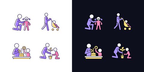 Parental involvement light and dark theme RGB color icons set. Comforting crying child. Walking with stroller. Isolated vector illustrations on white and black space. Simple filled line drawings pack