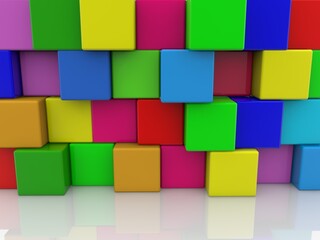 Fototapeta na wymiar Uneven wall of colored toy blocks