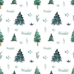 Seamless pattern with watercolor illustrations of trees. Green forest on white backdrop. 