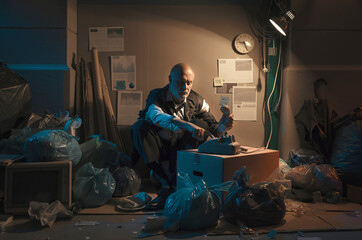 Homeless broke businessman sitting on the street