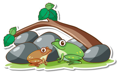 Naklejka premium Sticker two frogs with nature elements