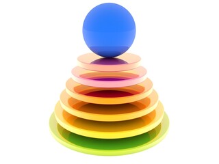 Colorful toy pyramid with a blue ball on top on white