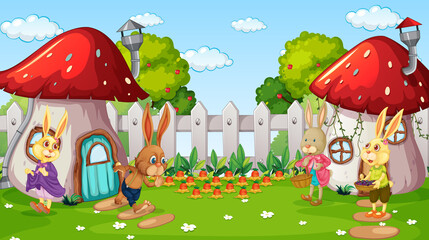 Garden scene with many rabbits cartoon character