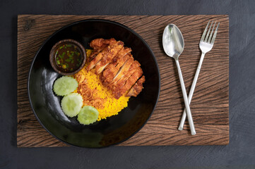 Muslim yellow rice halal food top view