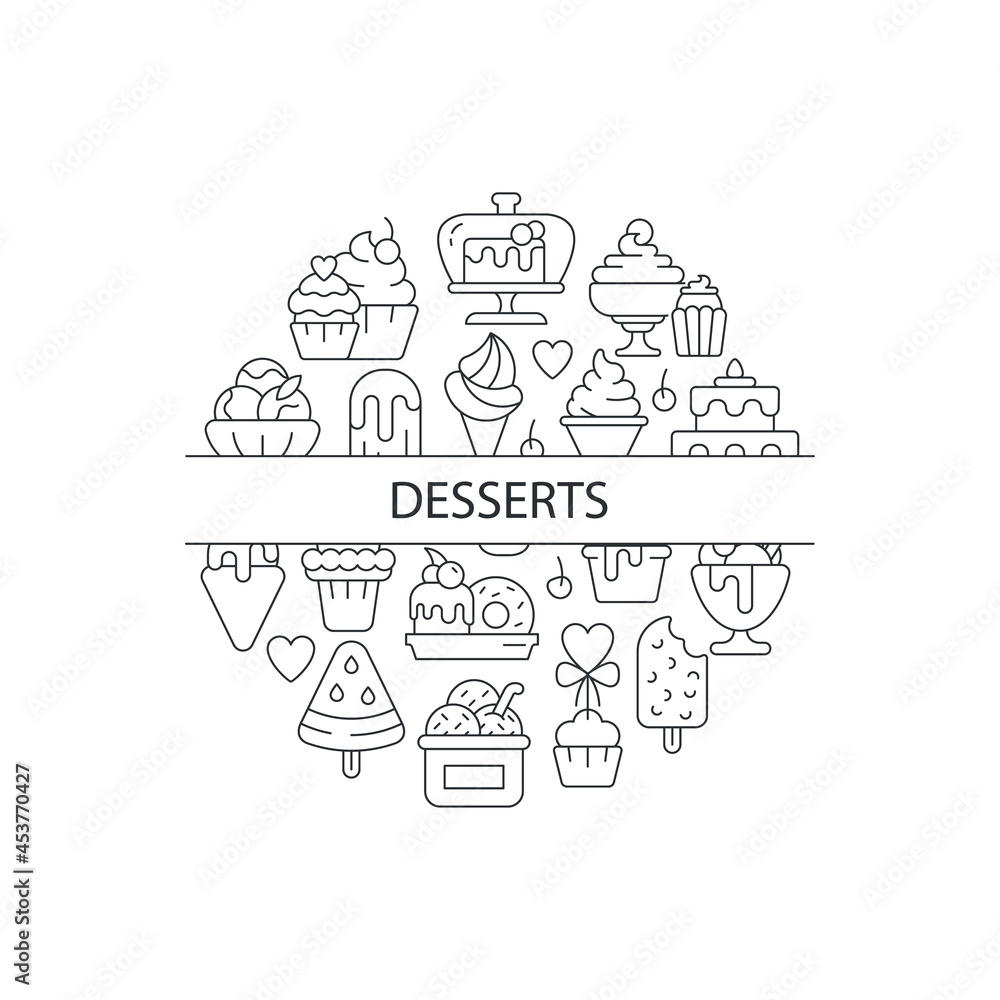 Poster assorted desserts abstract linear concept layout with headline. sweets collection minimalistic idea.