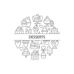 Assorted desserts abstract linear concept layout with headline. Sweets collection minimalistic idea. Cafe menu for desserts. Thin line graphic drawings. Isolated vector contour icons for background