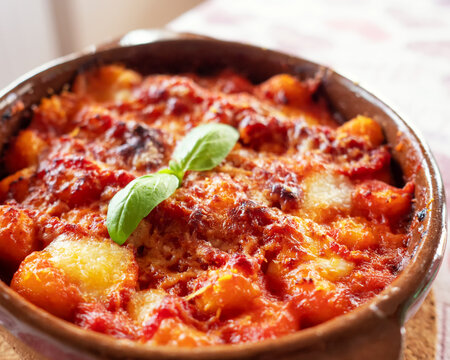 Gnocchi alla Sorrentina, Italian Potato Dumplings in Tomato Sauce, Gratinated With Mozzarella Cheese in a Terracotta Dish.