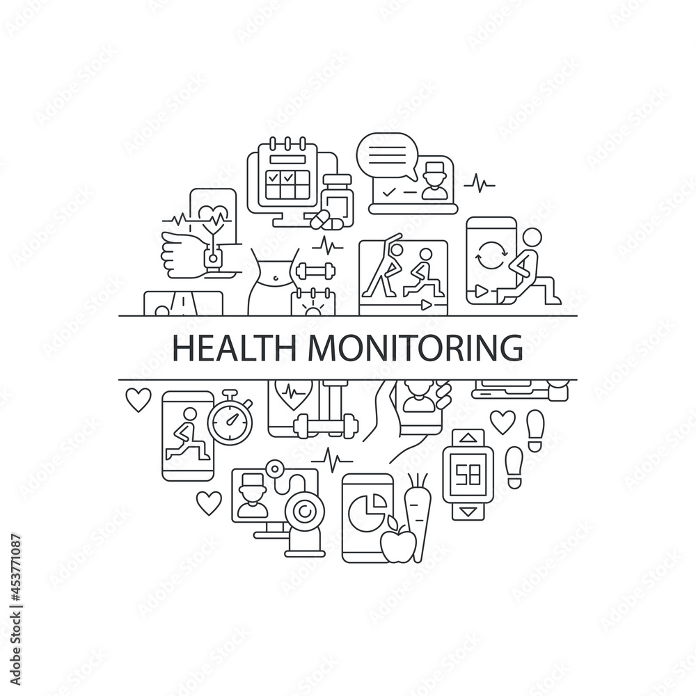 Poster health monitoring abstract linear concept layout with headline. call with doctor. fitness tracker mi