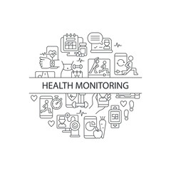 Fototapeta na wymiar Health monitoring abstract linear concept layout with headline. Call with doctor. Fitness tracker minimalistic idea. Thin line graphic drawings. Isolated vector contour icons for background