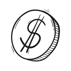 hand drawn icon coin dollar in doodle style isolated