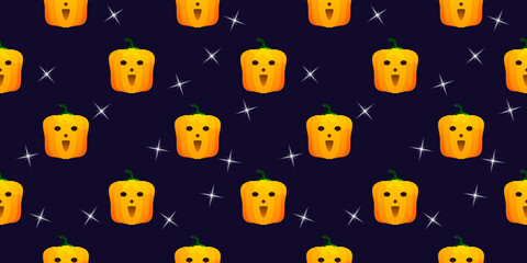 Halloween pumpkin seamless pattern. Festive pumpkin on dark background. Vector illustration for design, invitation, wrapping paper, banner, advertisement, promotion. Halloween concept.