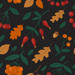 Seamless pattern with autumn red and orange rowan berries, oak leaves and rose hip on black. Hand drawn composotion with branches and foliage. Botanical season background for print, paper, fabric