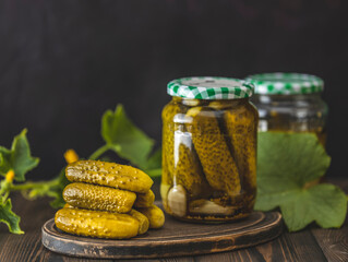Fresh homemade pickled cucumbers in glass jar on a dark wooden background. Fresh cucumbers leaves...