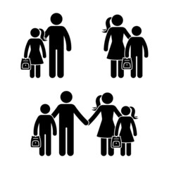 Stick figure family, school boy and girl standing together vector icon illustration set. Back to school children, kid, son, daughter, father, mother parents silhouette pictogram on white