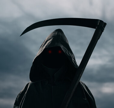 Death with a scythe stands against the background of a gloomy sky.