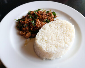 Rice topped with stir-fried pork ,Thai Food