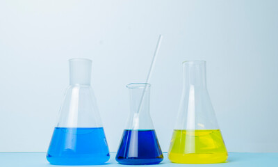 Reagents Beakers. Flasks with reagents. Biological laboratory. The concept is chemistry. Laboratory equipment, copy space