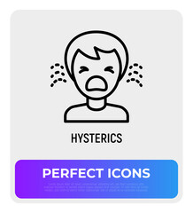 Human in hysterics, crying child thin line icon. Negative emotion. Modern vector illustration