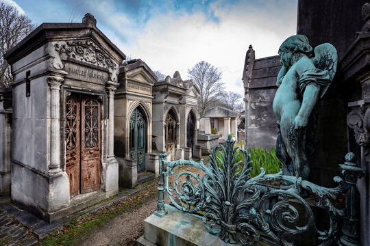 Monumental Historic Tombs and Ancient Funeral Sculptures at Père Lachaise Cemetery, Paris