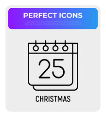 25 december on calendar, Christian holigay thin line icon. Christmas. Vector illustration.