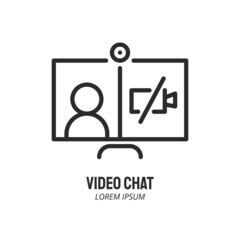 No video line icon. Computer with human and crossed out camera. Video conference and online meeting concept. Distance work and learning. Vector illustration. Laptop, computer, chatting, conferencing