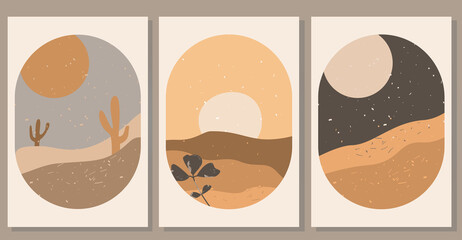 Set of abstract minimalist desert landscape posters. Contemporary simple wall art collection. Flat vector illustration for t shirt print, postcard, cover design etc