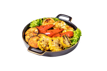 Grilled vegetables in a cast iron grilling pan, isolated on white. Top view.