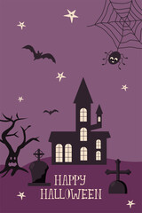 Happy Halloween greeting card template with dark castle, cemetery, scary tree, spider and bats.l Modern cartoon vector illustration for halloween party design, flyers, invitation, posters etc