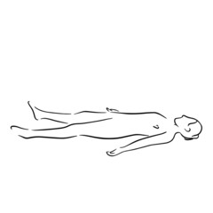 Stylized man in yoga corpse pose, shavasana. Vector lineart style illustration. Yoga pose flat line icon, simple sign of woman in easy pose hand drawn illustration