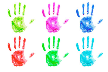 Fototapeta premium Colored handprints on white paper. Multicolored palm shapes isolate