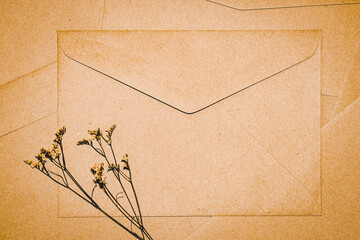 Brown paper envelope with Limonium dry flower. Close-up of Craft envelope. Flat lay minimalism.