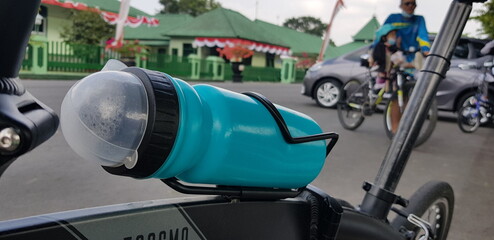 Fototapeta premium Bicycle parts of folding bike such as bottle holder wheel, gears, disc brake and rear derailleur