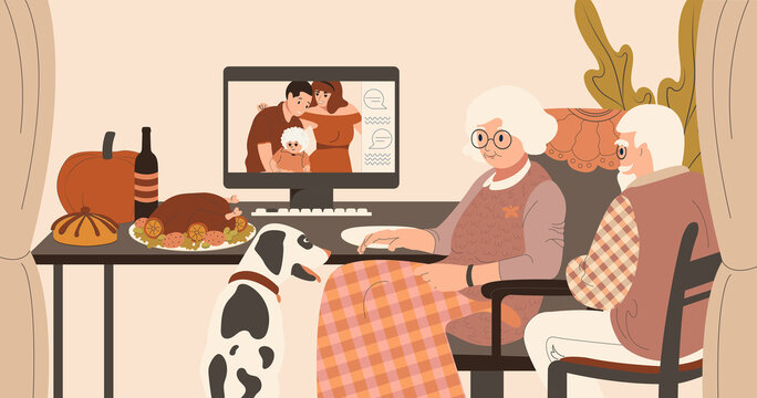 Thanksgiving with family online. Grandfather and grandmother have a festive dinner chatting with children. Flat vector illustration
