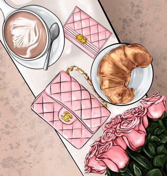 flatlay illustration, cup of coffee with heart shape, designer bad and pink roses