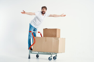 Man shipping transport in a box isolated background