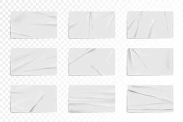 White glued crumpled rectangle sticker mockup set. Blank paper or plastic sticker label tag with wrinkled texture and creased effect vector illustration isolated on transparent background