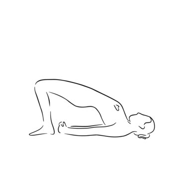 Stylized woman in yoga bridge pose, setu bandha sarvangasana. Vector line art style illustration. Vector asana for vishuddha chakra, design elements for yoga and meditation school