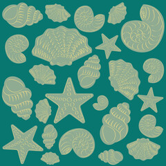 Trendy pattern with hand drawing sea creatures shells and starfish