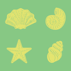 Set of hand drawing sea creatures shells and starfish in outline and flat style