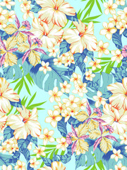 Fototapeta premium Aloha hawaii flower pattern. Summer hibiscus, plumeria, orchid, monstera pattern. Hawaiian summer pattern on white background. Tropical flowers print for wallpaper or fabric.