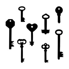 Vintage and Modern Keys Set. Hand Drawn Key Silhouette Illustration