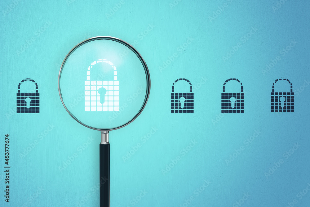 Poster Magnifier zooming in on padlock icon on blue background. Web secuirty concept. 3D Rendering.