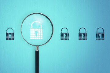Magnifier zooming in on padlock icon on blue background. Web secuirty concept. 3D Rendering.