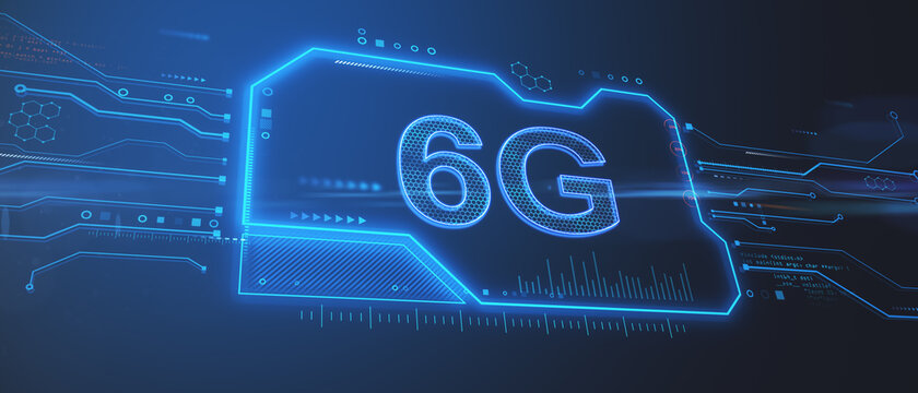 Abstract 6G chip hologram on blue background. Internet speed and futuristic concept. 3D Rendering. - Powered by Adobe
