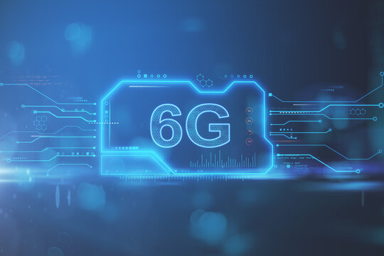 Creative 6G chip hologram on blue background. Internet speed and futuristic concept. 3D Rendering.