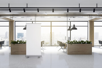 Modern coworking office interior with empty white mock up poster, plants in decorative wooden planters, window with city view, furniture, equipment and daylight. 3D Rendering. - obrazy, fototapety, plakaty
