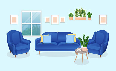 Modern living room interior with furniture and home plants. Design of a cozy room with a sofa, armchairs, plants and decor items. Vector flat style illustration. lounge room.