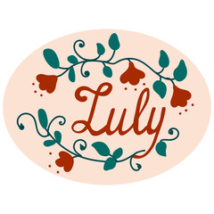 Vector illustration of word July in ellipse with floral elements. Lettering Sticker for calendar, planner, bullet journal. Colorful hand-drawn element